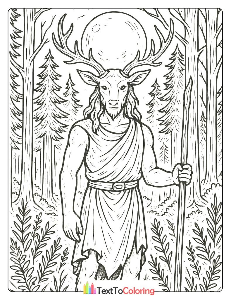 A coloring page of the Horned God, Cernunnos, standing in a forest. He is a male figure with a human body and large deer antlers, holding a staff under a full moon.