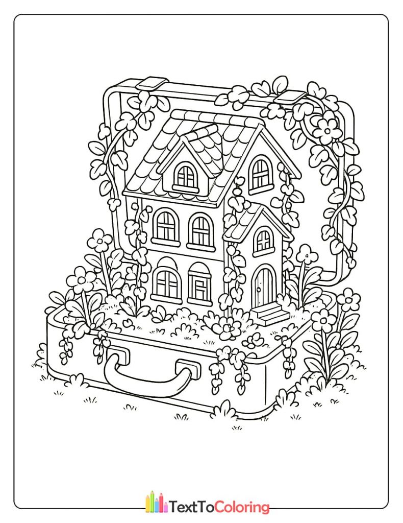 A coloring page of a cute cottage covered in vines and flowers inside a suitcase garden.