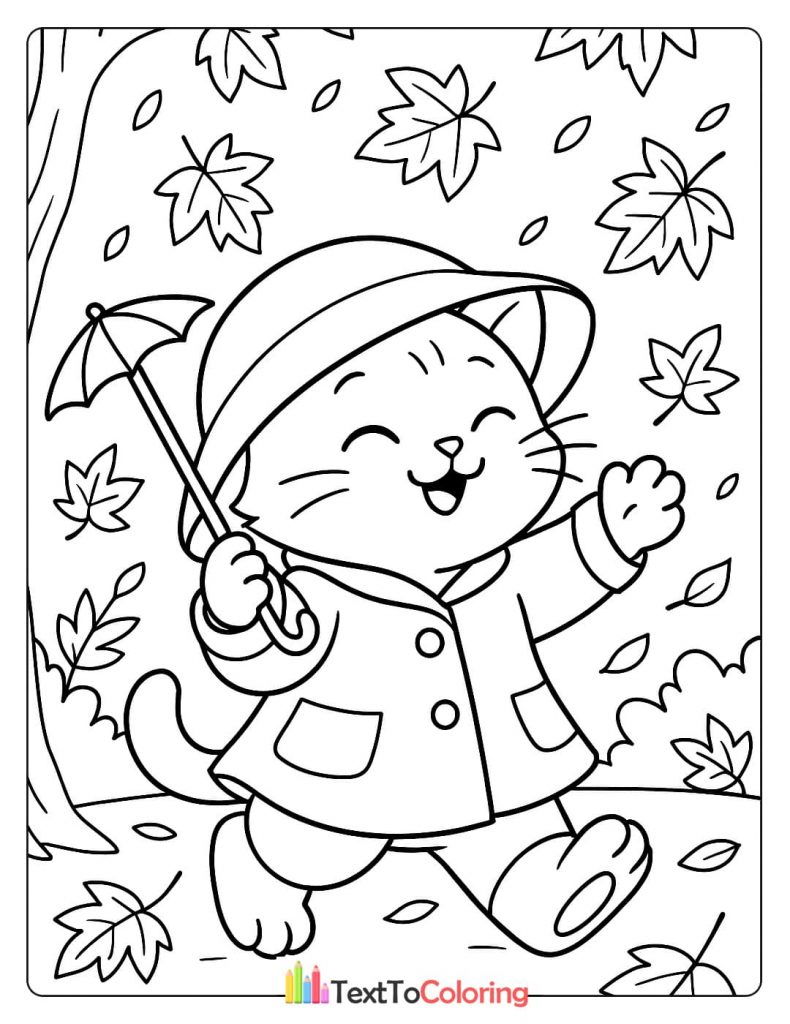 An autumn-themed coloring page of a happy kitten with a raincoat, hat, and umbrella, playing in the falling leaves.