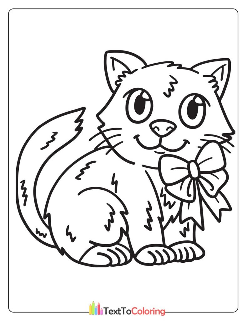 A detailed kitten coloring page of a fluffy kitten sitting down, wearing a large, festive bow tie around its neck.
