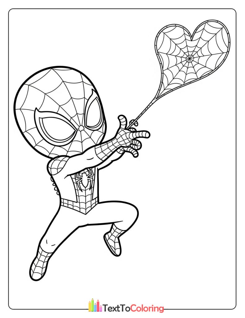 Cute chibi Spiderman coloring page of Spider-Man shooting a heart shaped web