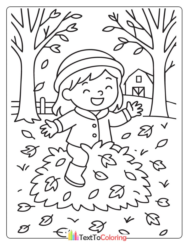 Child tossing fallen leaves in the air under autumn trees.