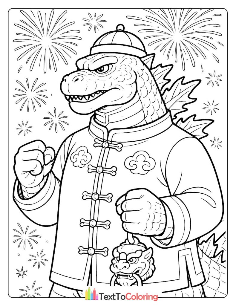 An image of Godzilla wearing traditional Chinese clothing and a hat, with fireworks in the sky.