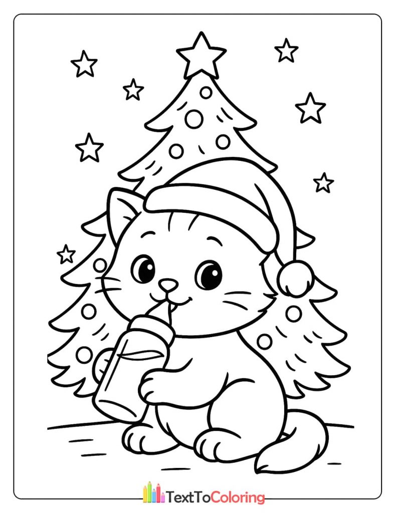 A festive coloring page of a cute kitten wearing a Santa hat and drinking from a bottle in front of a Christmas tree.