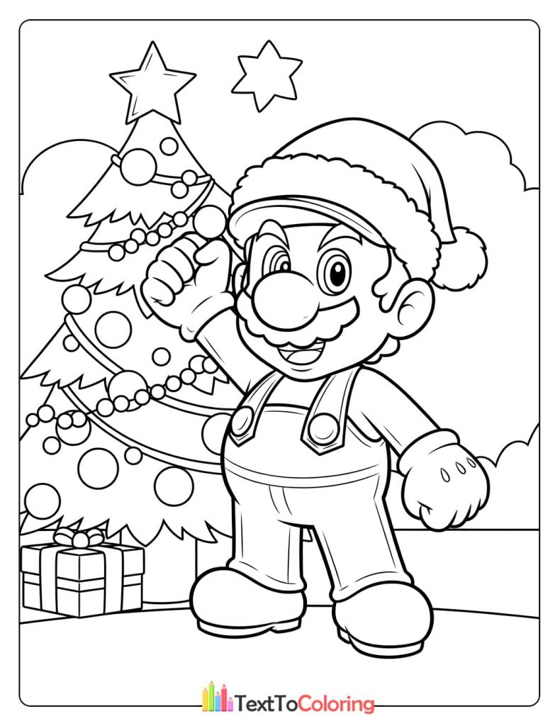 A coloring page of Mario in a Santa hat next to a Christmas tree.
