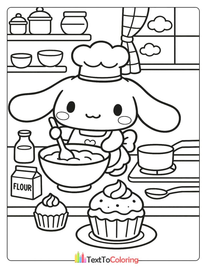 A black and white Cinnamoroll coloring page of the character wearing a chef's hat and apron, baking in a kitchen with ingredients and utensils.