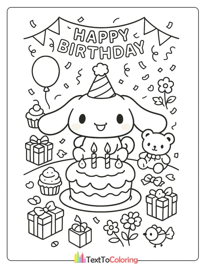A Cinnamoroll coloring page celebrating a birthday party with the character wearing a party hat, sitting behind a birthday cake with candles, surrounded by gifts and confetti.