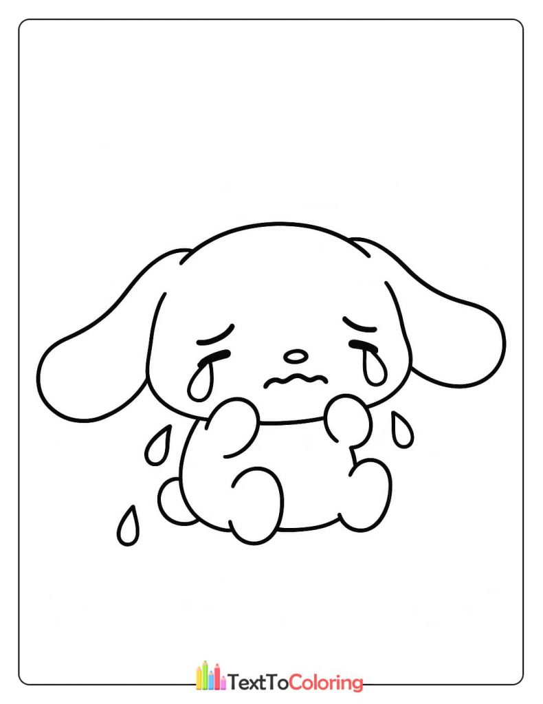 A black and white Cinnamoroll coloring page of the character sitting and crying with tears.