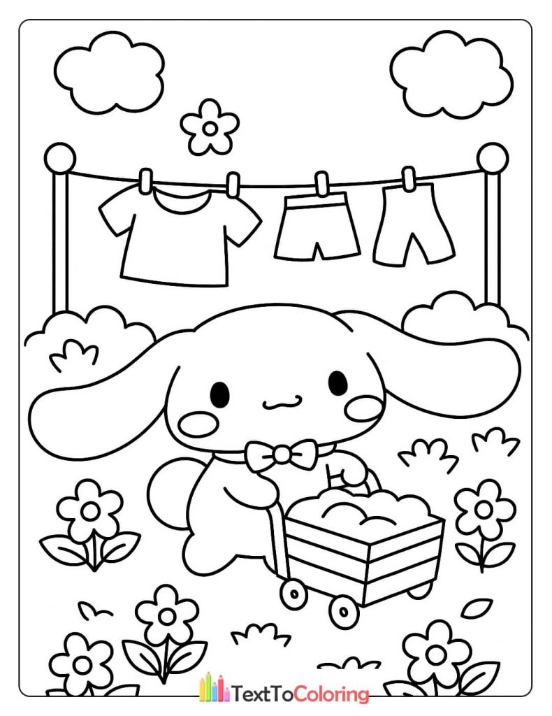 A Cinnamoroll coloring page with the character pushing a cart of laundry, with clothes hanging on a line in the background.