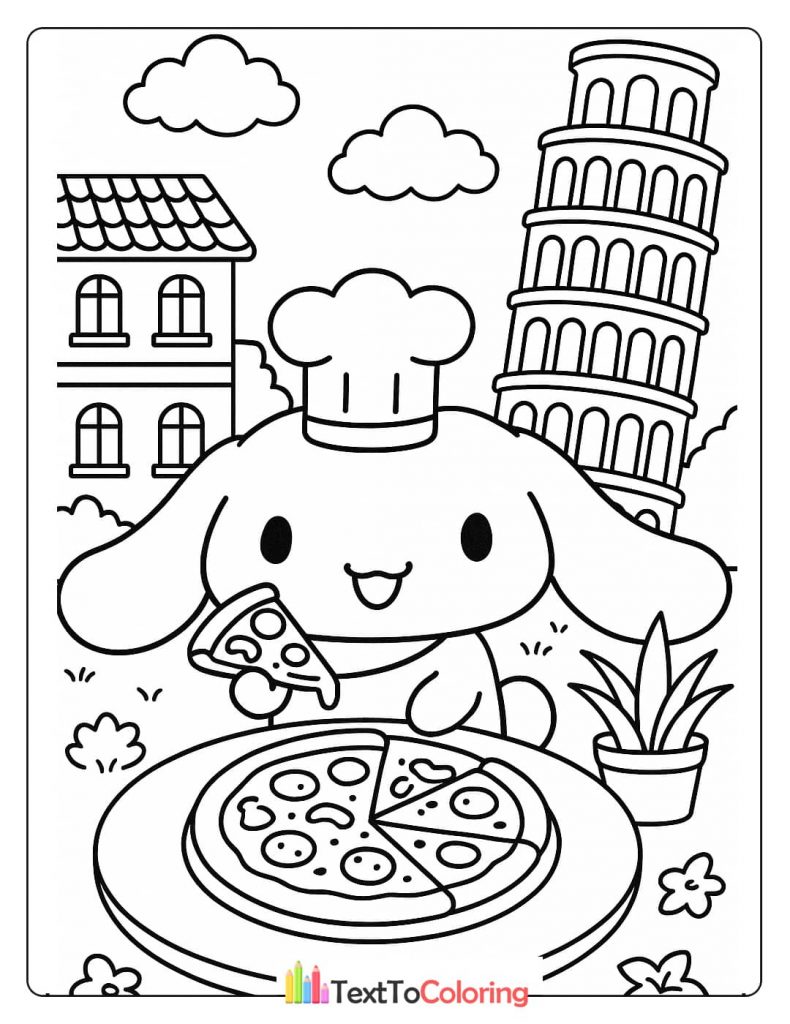 A black and white Cinnamoroll coloring page of the character wearing a chef's hat and eating pizza, with a building and the Leaning Tower of Pisa in the background.
