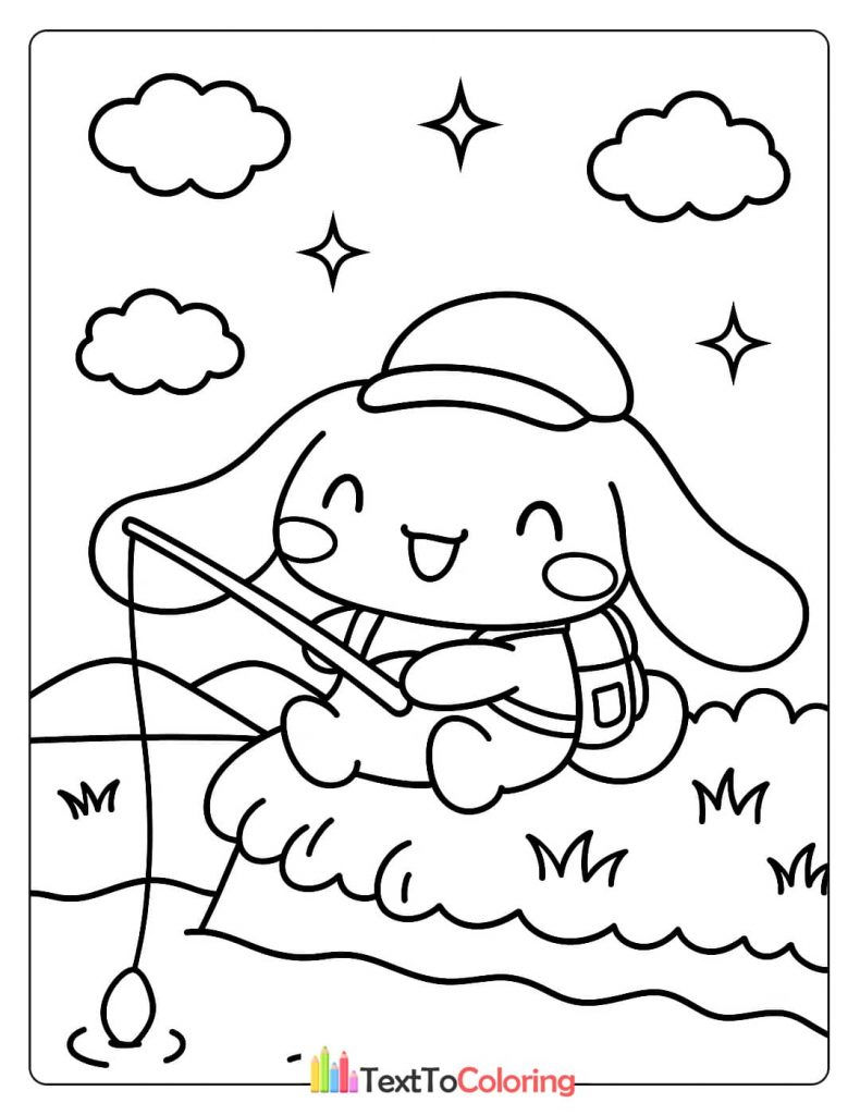 A Cinnamoroll coloring page with the character happily fishing with a fishing rod by a pond.