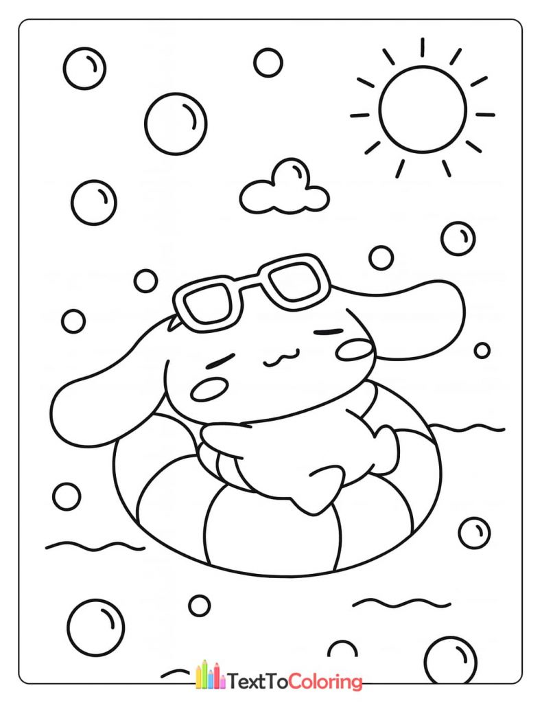 A black and white Cinnamoroll coloring page with the character wearing sunglasses and floating in the water with an inflatable ring under the sun.