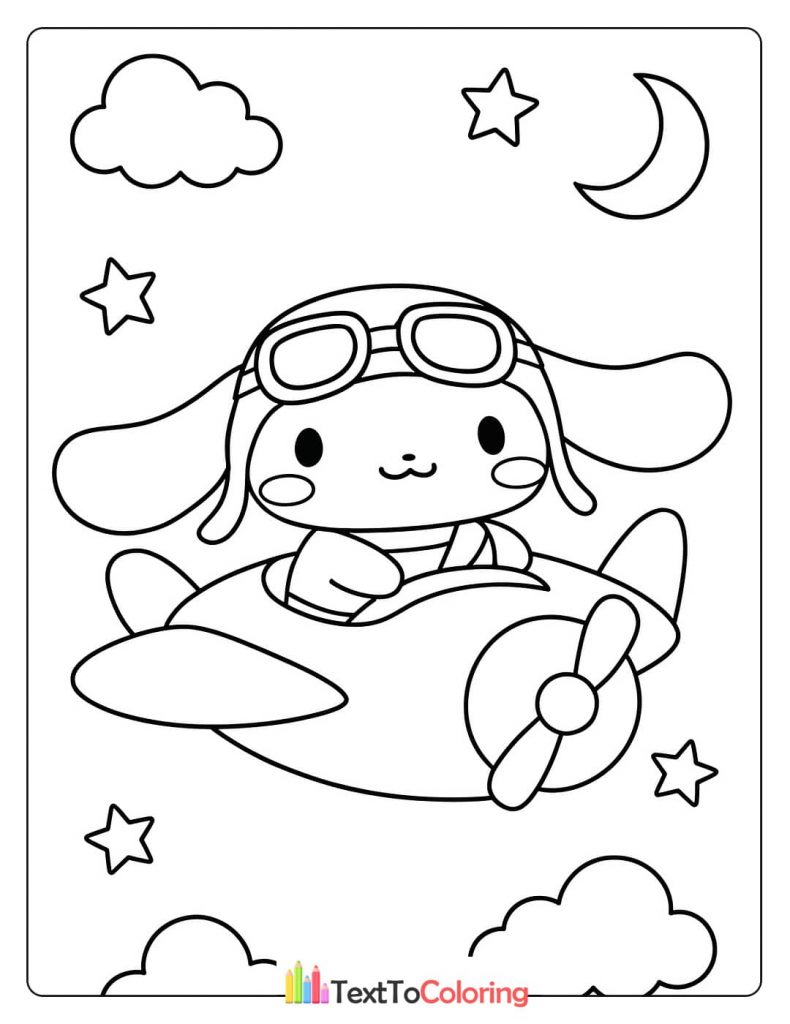 A black and white Cinnamoroll coloring page of the character dressed as a pilot, flying an airplane at night with stars and a moon.