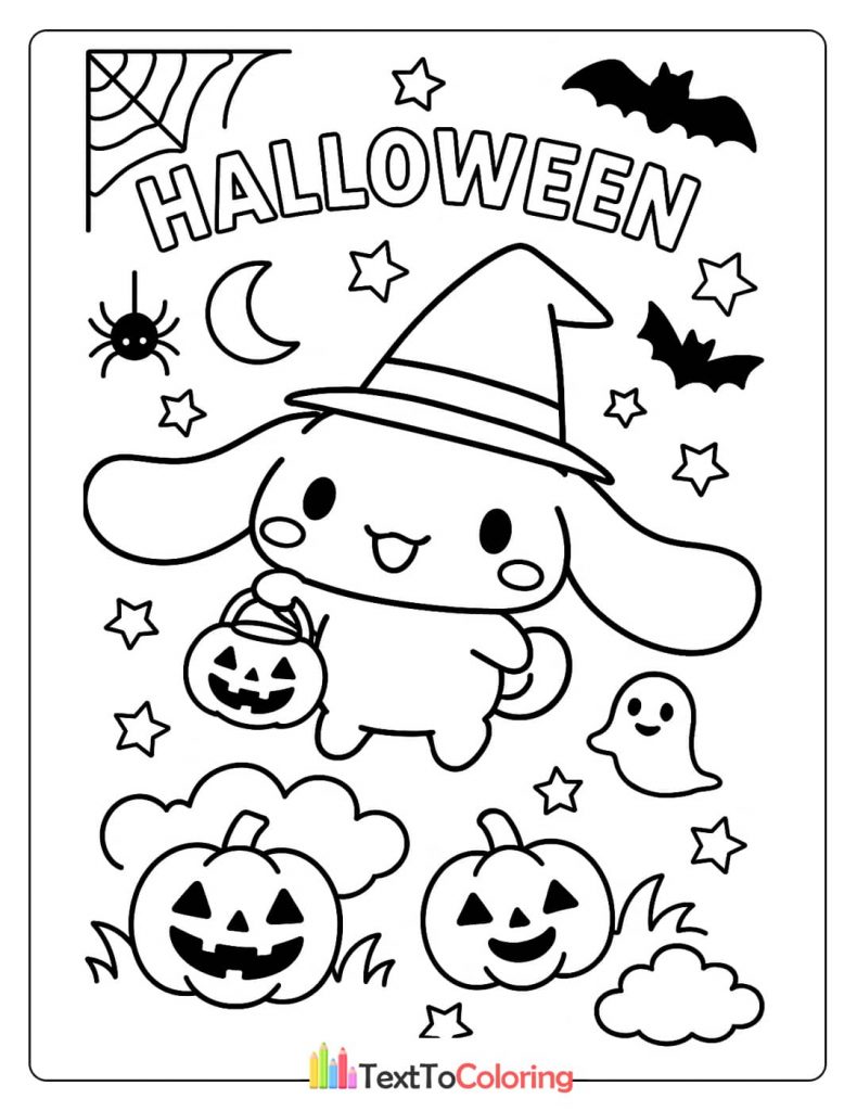 A Cinnamoroll coloring page showing the character in a witch hat, holding a jack-o'-lantern, with Halloween-themed items like bats, a ghost, and spiders.