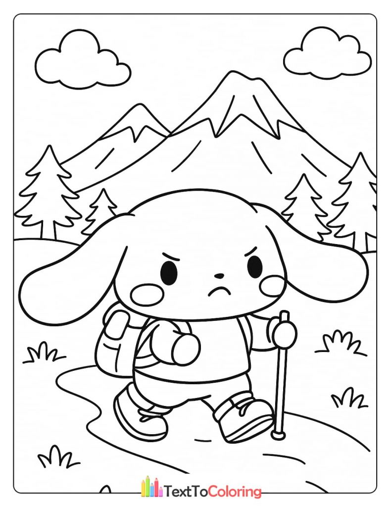 A black and white Cinnamoroll coloring page with the character hiking with a backpack and a hiking stick, with mountains in the background.