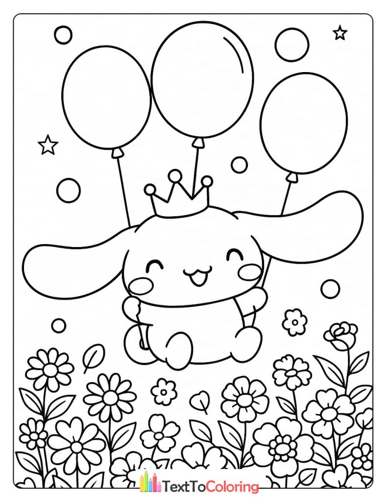 A Cinnamoroll coloring page with the character wearing a crown and holding three balloons, floating above a field of flowers.