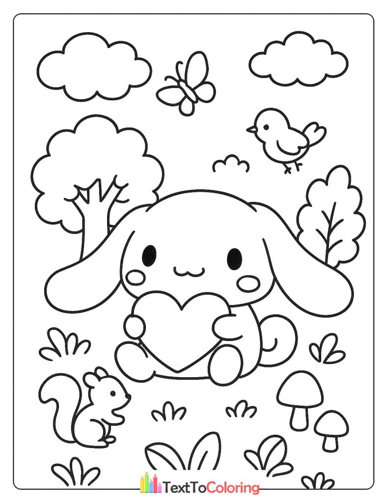 A Cinnamoroll coloring page showing the character holding a heart, surrounded by trees, a squirrel, mushrooms, and a bird.