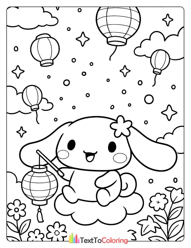 A Cinnamoroll coloring page of the character sitting on a cloud, holding a lantern, with many lanterns floating in the night sky.