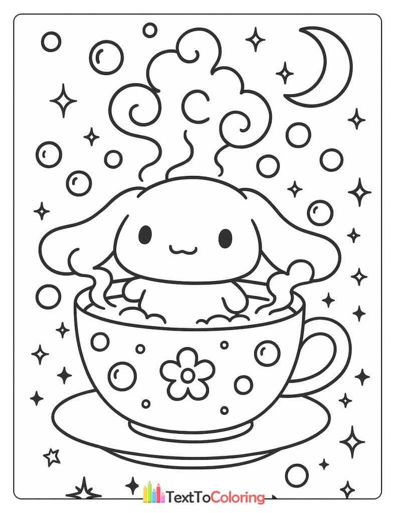 A Cinnamoroll coloring page showing the character sitting inside a large teacup with steam rising from it, surrounded by stars and a crescent moon.