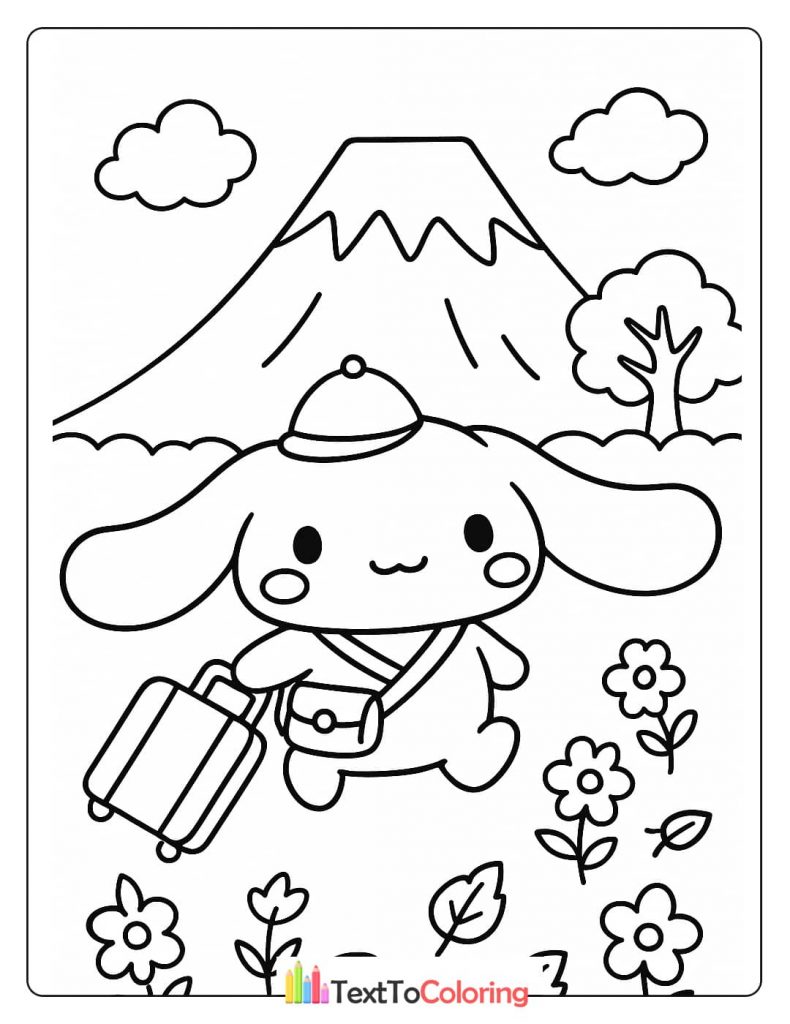 A Cinnamoroll coloring page of the character traveling in Japan with a suitcase and a handbag, with a mountain, flowers, and a tree in the background.
