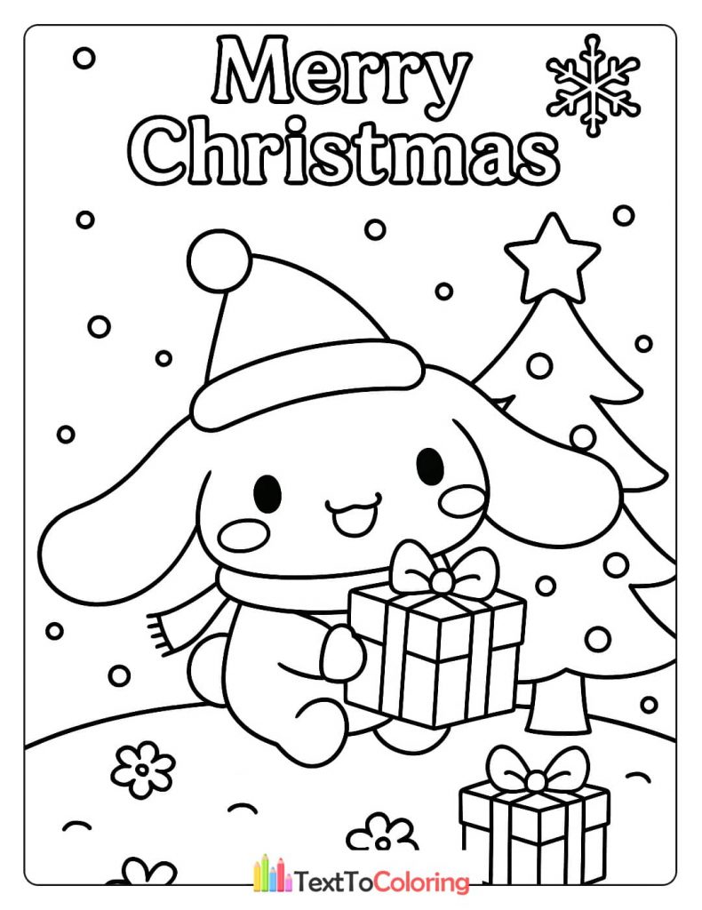 A black and white Cinnamoroll coloring page of the character wearing a Santa hat and a scarf, holding a Christmas gift with a Christmas tree and other presents.