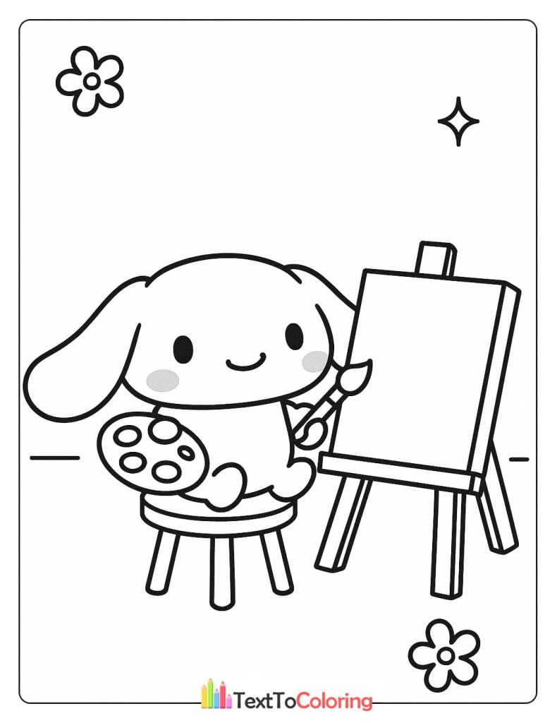 A black and white Cinnamoroll coloring page of the character holding a paintbrush and a palette, sitting in front of an easel.