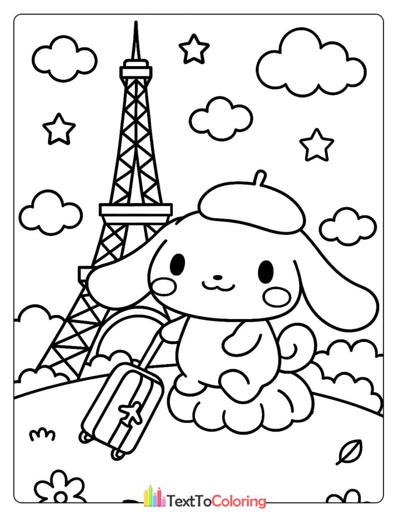 A black and white Cinnamoroll coloring page of the character wearing a beret and pulling a suitcase, with the Eiffel Tower in the background.