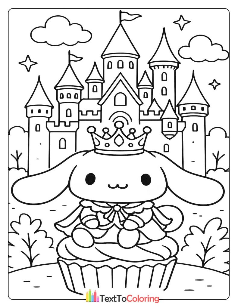 A black and white Cinnamoroll coloring page showing the character wearing a crown and a dress, sitting on a cupcake with a large castle in the background.