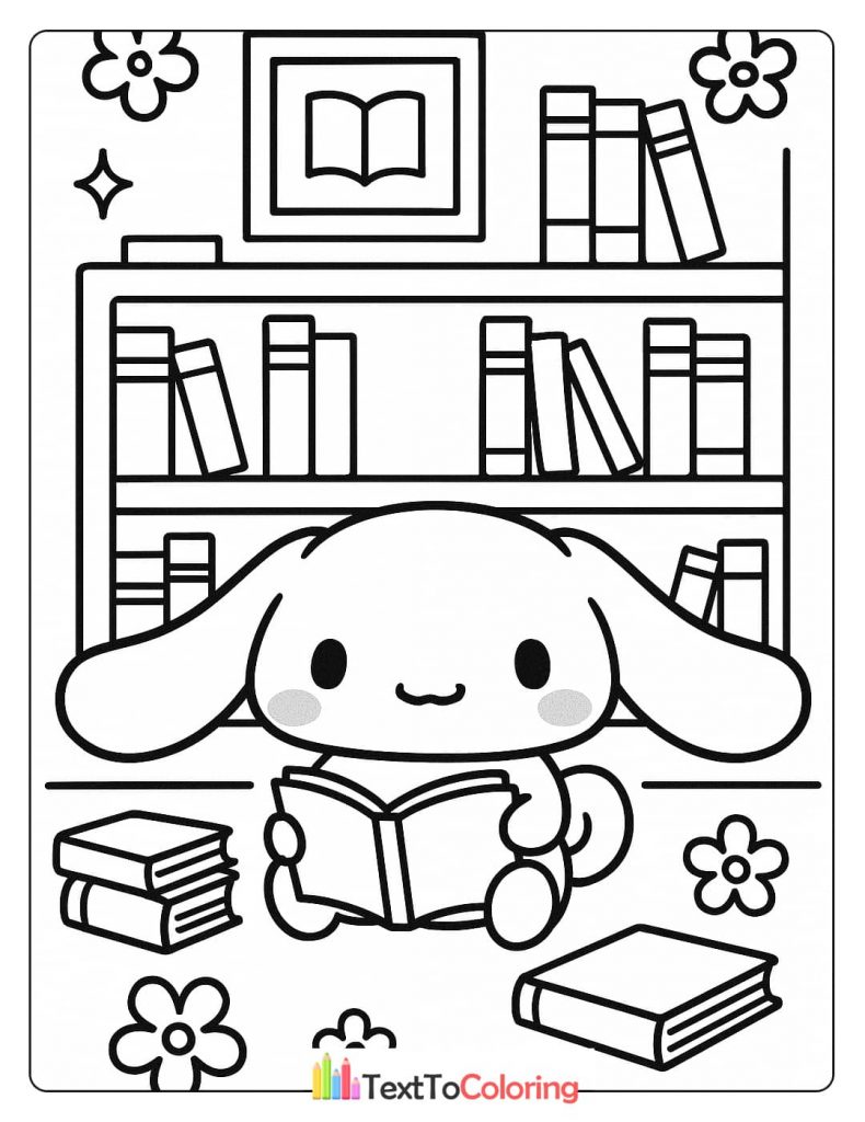 A black and white Cinnamoroll coloring page showing the character sitting and reading a book in front of a bookshelf.