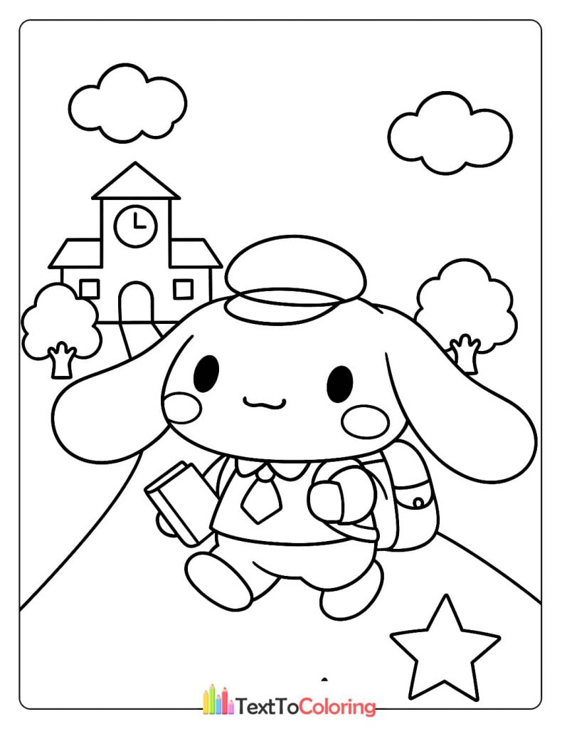 A Cinnamoroll coloring page showing the character wearing a school uniform and a backpack, walking towards a school building.