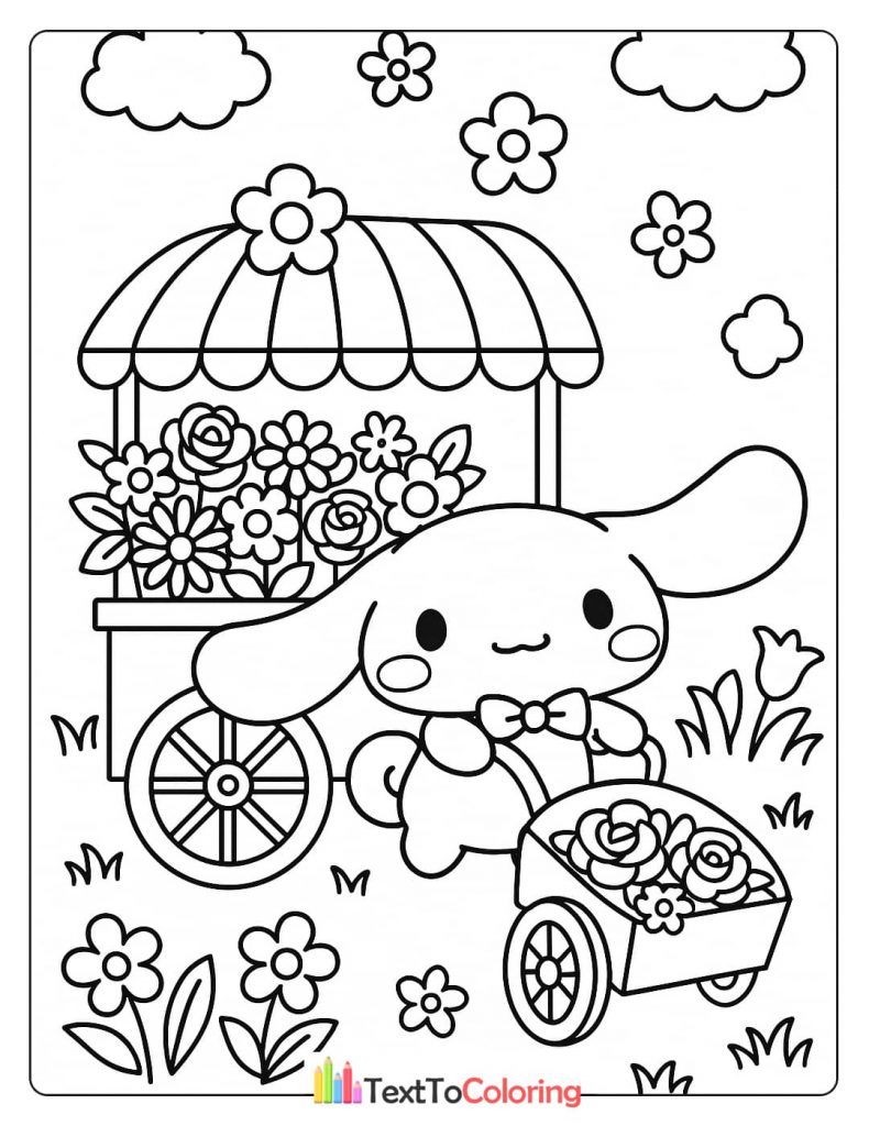 A black and white Cinnamoroll coloring page of the character with a bow, pushing a small cart of flowers and standing next to a larger flower stall.