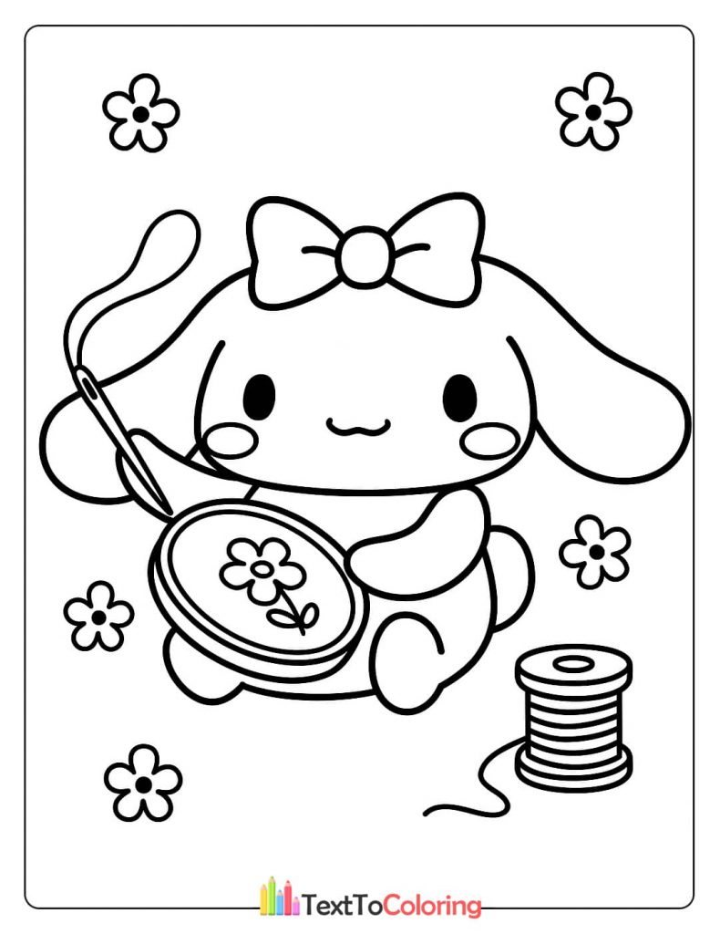 A Cinnamoroll coloring page of the character with a bow on its head, holding a needle and thread and an embroidery hoop with a flower design.