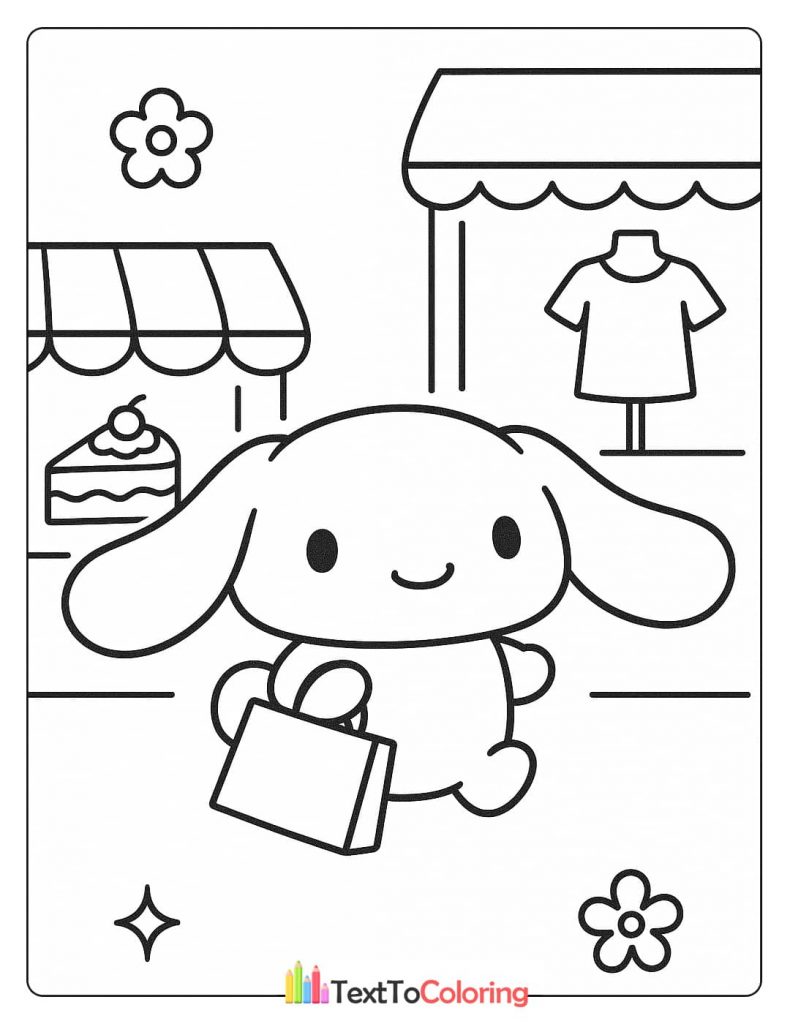 A Cinnamoroll coloring page depicting the character walking with a shopping bag in front of a store and a clothing rack.