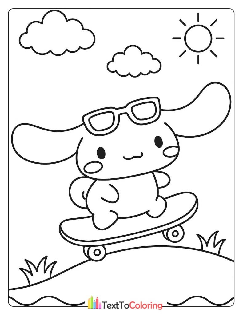 A Cinnamoroll coloring page of the character wearing sunglasses and skateboarding down a hill on a sunny day.