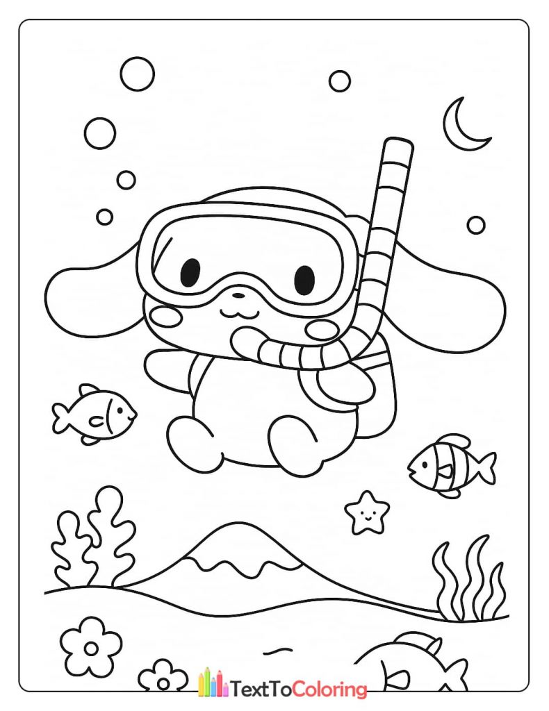 A Cinnamoroll coloring page of the character wearing a snorkel and diving mask, swimming underwater with fish and a starfish.