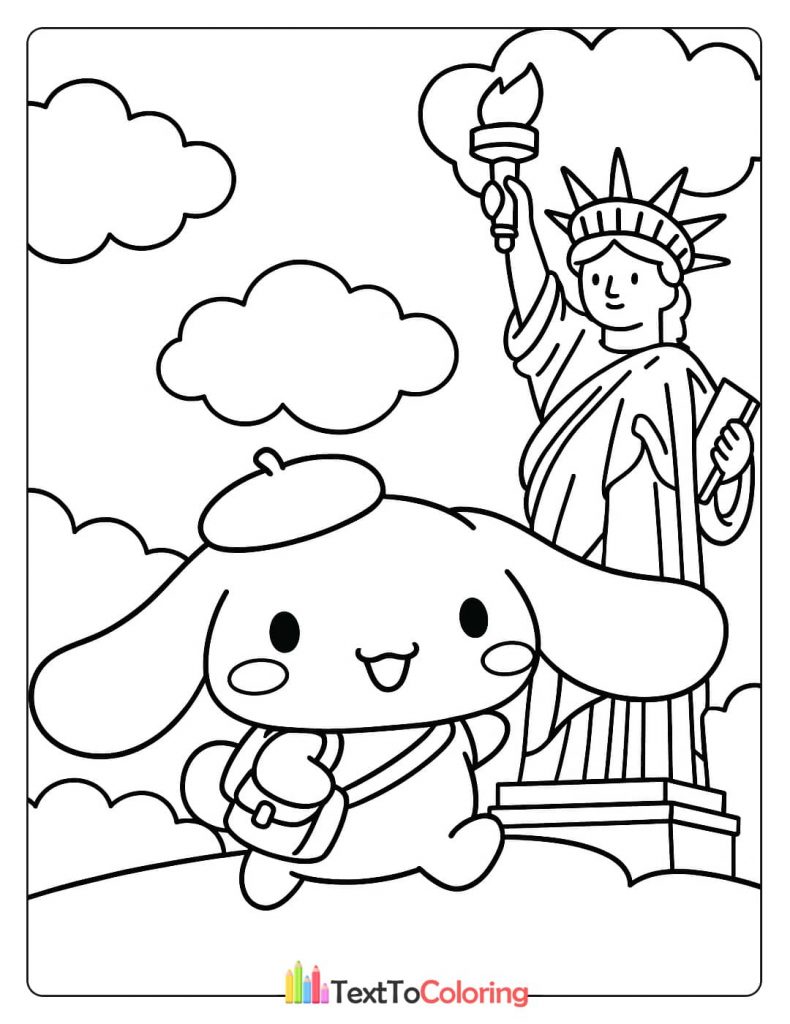 A Cinnamoroll coloring page of the character traveling in New York with the Statue of Liberty in the background.