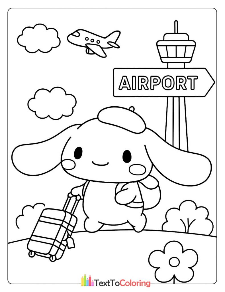 A Cinnamoroll coloring page of the character at an airport, pulling a suitcase with an airplane and an airport sign in the background.