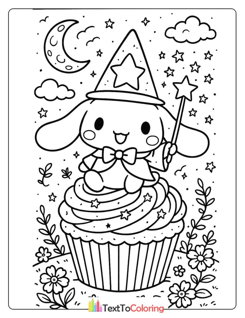 A Cinnamoroll coloring page of the character dressed as a wizard with a star hat and a wand, sitting on a cupcake with stars and a moon in the background.