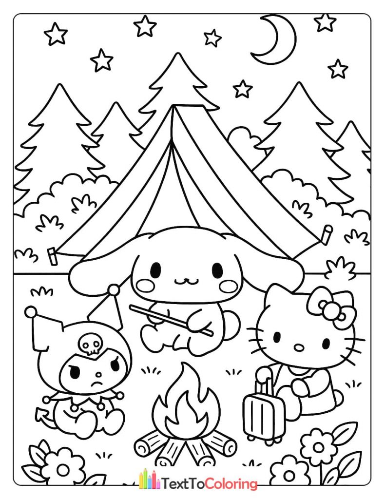 A Cinnamoroll coloring page of the character camping with Hello Kitty and Kuromi, sitting by a campfire in front of a tent.
