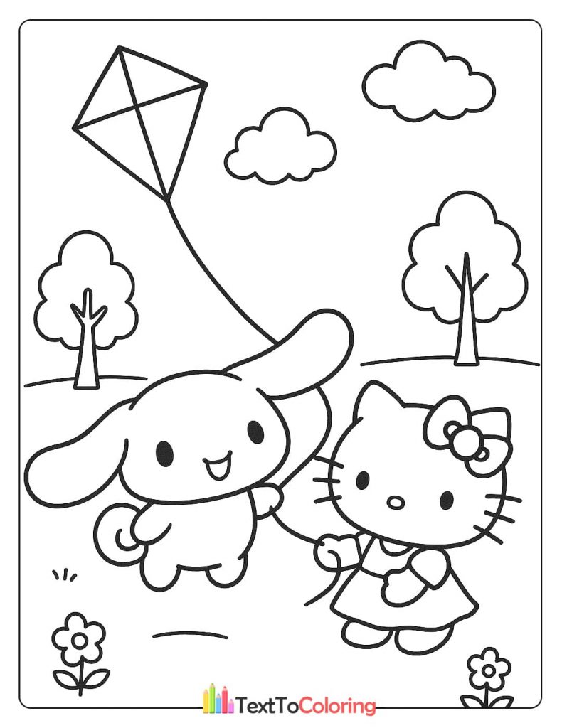 A Cinnamoroll and Hello Kitty coloring page showing the two characters flying a kite together in a park.