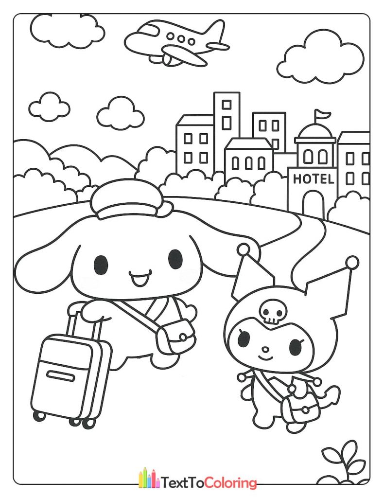 A Cinnamoroll and Kuromi coloring page of the two characters ready for a trip with a suitcase, a handbag, and a cityscape in the background.