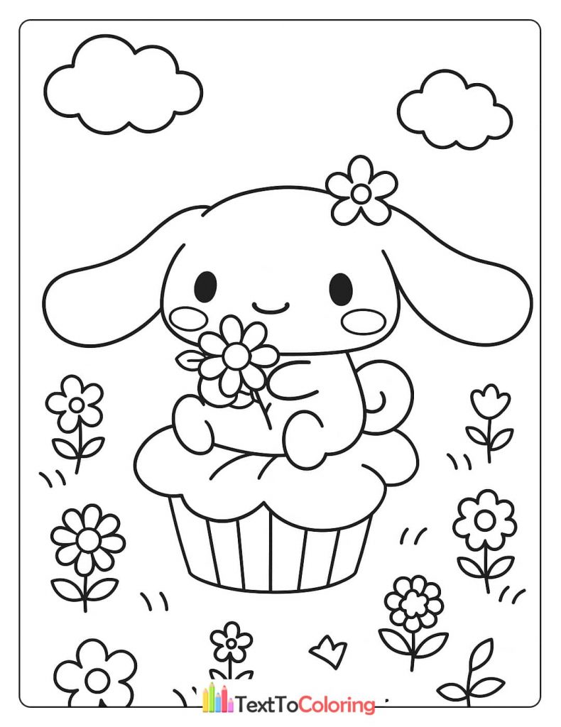 A Cinnamoroll coloring page with the character sitting on a cupcake, holding a flower, surrounded by a field of flowers.