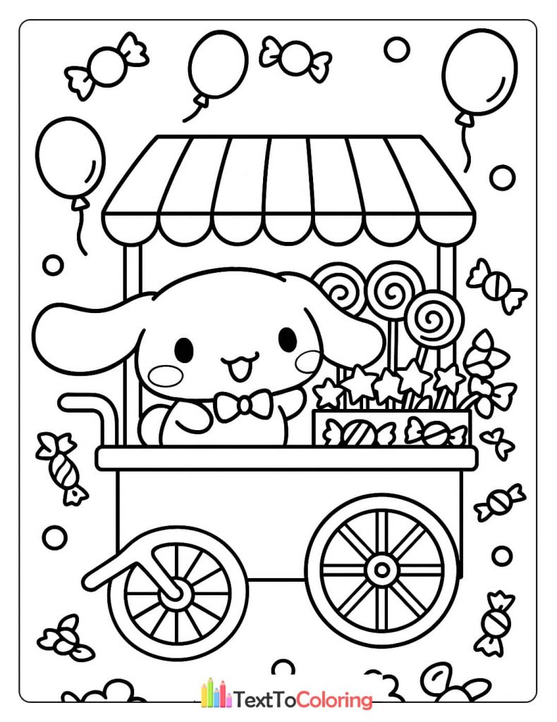 A Cinnamoroll coloring page of the character standing behind a candy cart filled with lollipops and candies, with balloons and sweets floating around.