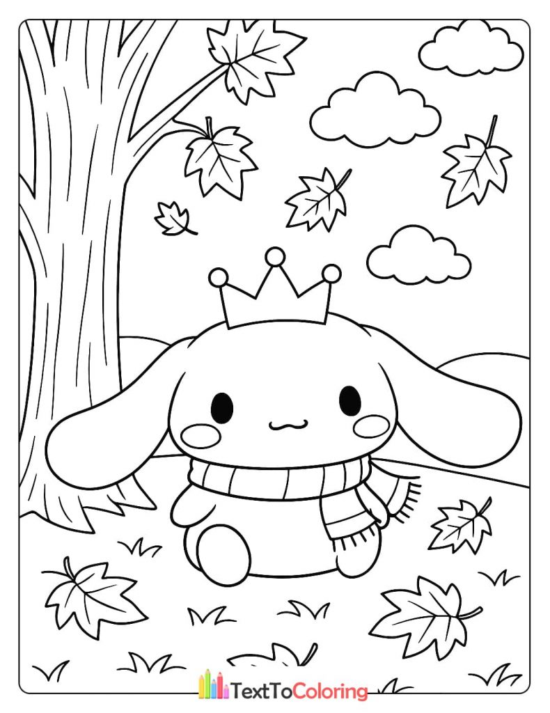 A Cinnamoroll coloring page of the character wearing a crown and scarf, sitting in a pile of fallen autumn leaves under a tree.