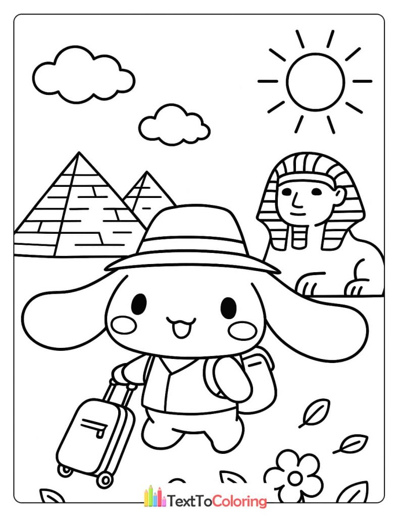 A black and white Cinnamoroll coloring page of the character on a trip in Egypt with a hat, a suitcase, and the Pyramids and Sphinx in the background.