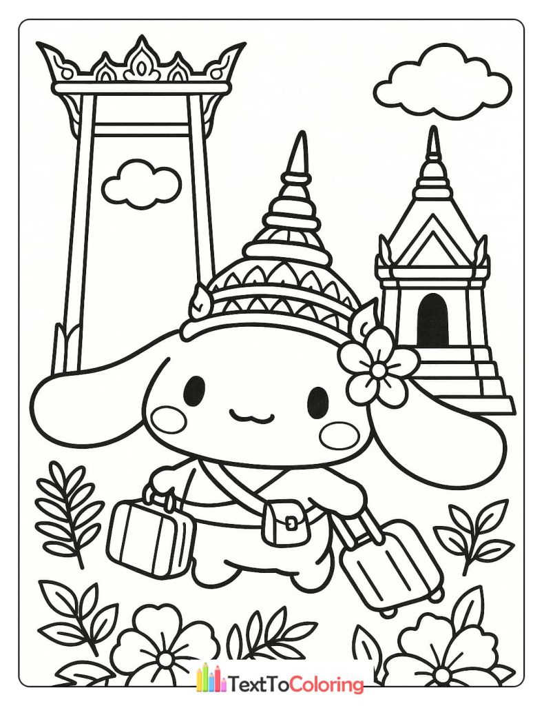 A Cinnamoroll coloring page with the character in a Thai hat, pulling two suitcases, with temples in the background.