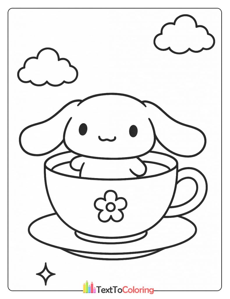 A black and white Cinnamoroll coloring page with the character sitting in a coffee cup, with clouds floating above.