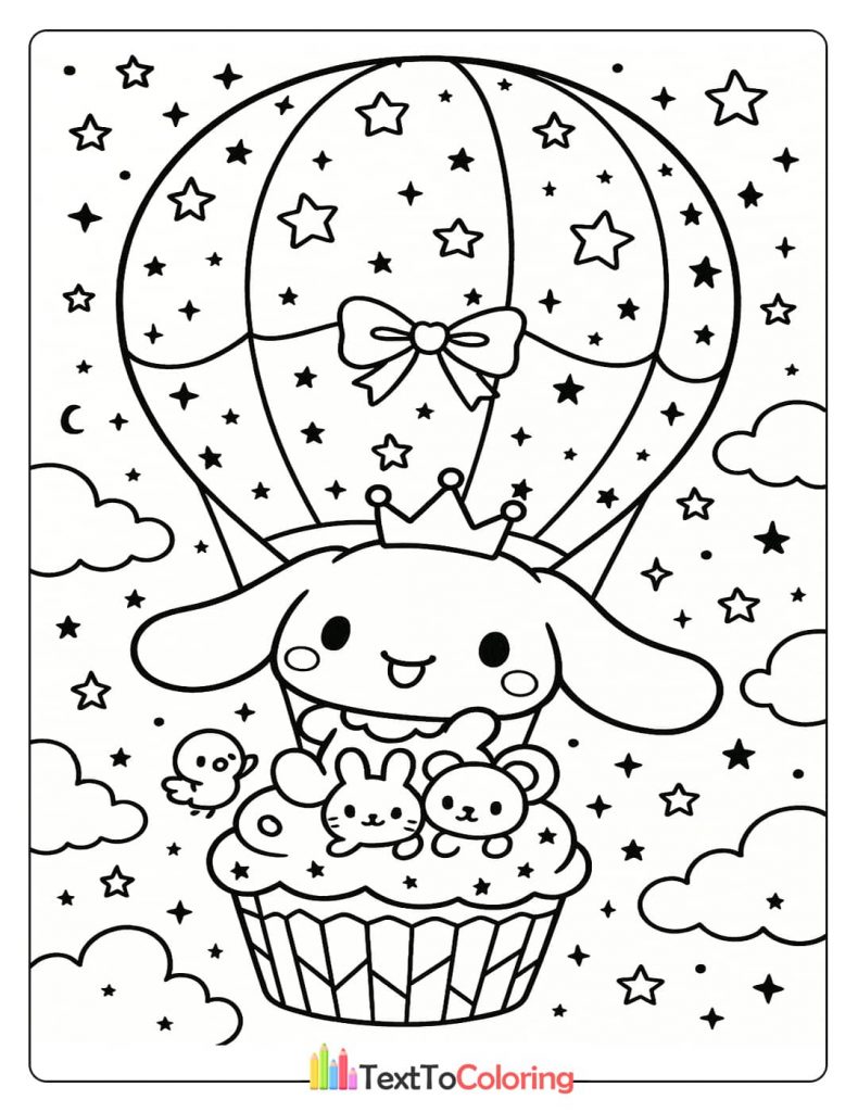 A Cinnamoroll coloring page showing the character wearing a crown, flying in a hot air balloon with friends, surrounded by stars and clouds.