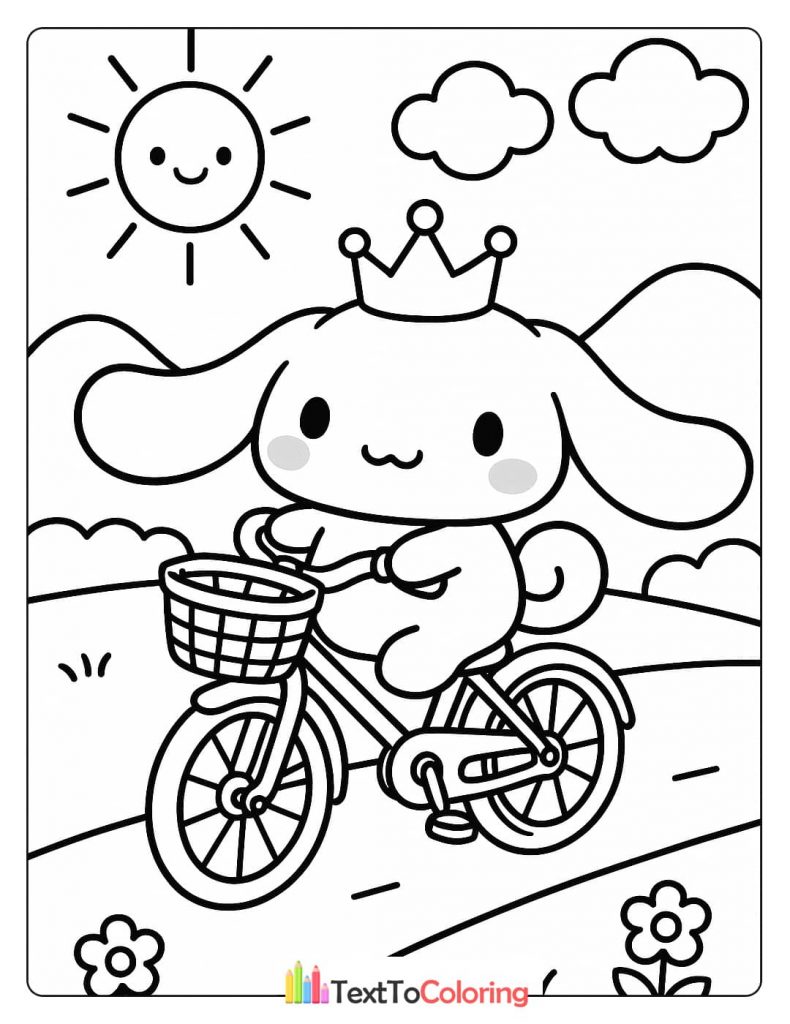 A Cinnamoroll coloring page showing the character wearing a crown and riding a bicycle with a basket, with a smiling sun in the background.