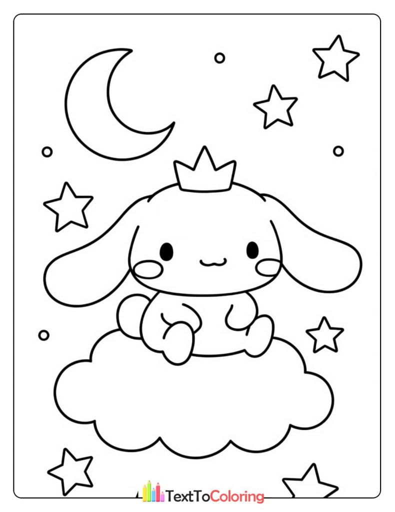 A black and white Cinnamoroll coloring page showing the character wearing a crown and sitting on a fluffy cloud, with a moon and stars in the sky.
